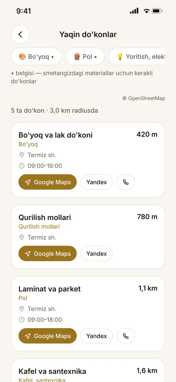 Yaqin do'konlar ekrani